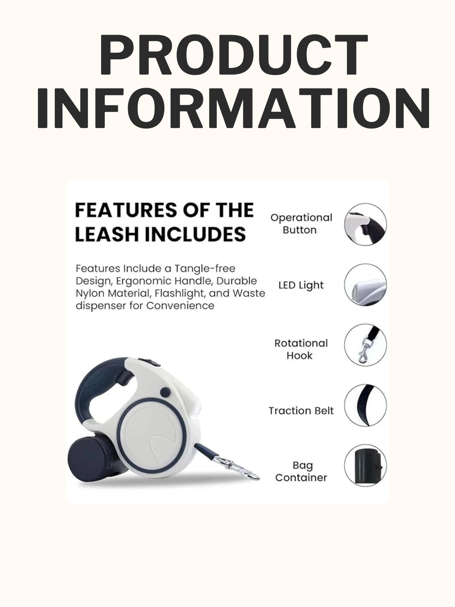 Retractable Dog Fancy Leash with Flashlight and Dispenser